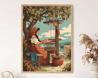 Sardinian Weaver Art Print: Traditional Textile Craft Under Fig Tree