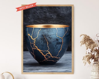 Japanese Kintsugi Art Print, Golden Pottery Repair Design