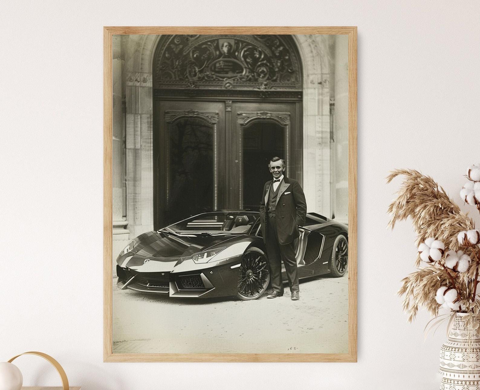 Victorian Man with Lamborghini Print, Quirky Wall Art, Perfect Gift for Car Enthusiasts, Hilarious Vintage Photo