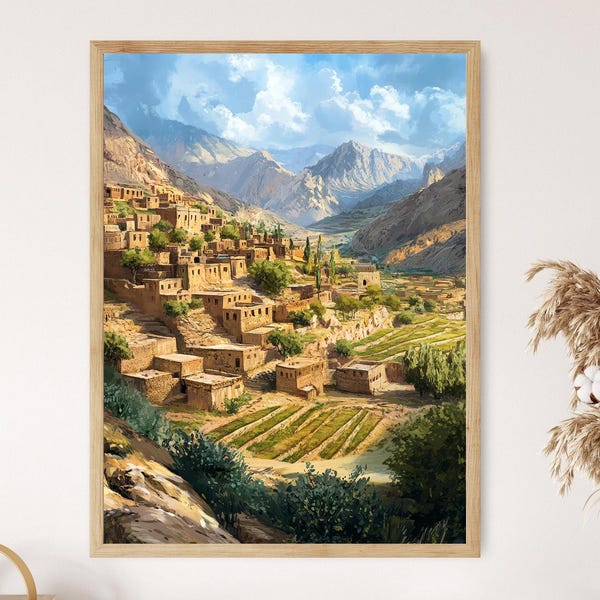 Iraqi Mountain Village Art Print, Traditional Homes Scene