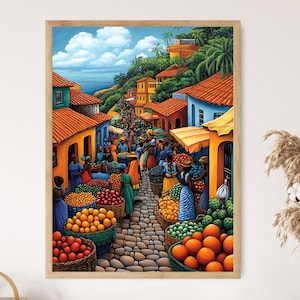 Senegal Marketplace Illustration, Colorful Farm Market Painting, African Fruit Art, Wall Art for Kitchen, African Restaurant Decor