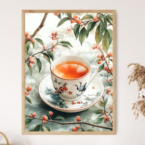 キンモクセイ茶アートプリント、鶴と雲のモチーフのティーカップ