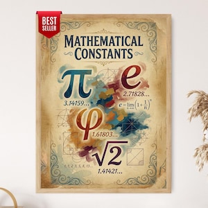 Könnte beinhalten: Ein gerahmter Wandkunstdruck mit dem Titel Mathematical Constants, der die Symbole Pi, e, Phi und die Quadratwurzel aus zwei mit ihren numerischen Werten zeigt. Das Design enthält farbige abstrakte Pinselstriche und geometrische Linienzeichnungen auf beigem Grund.