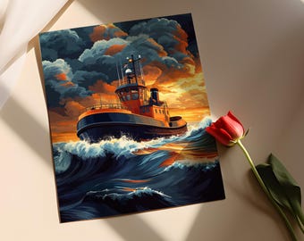 Bright Tugboat Towing Scene Poster, Bold Nautical Painting, Tug