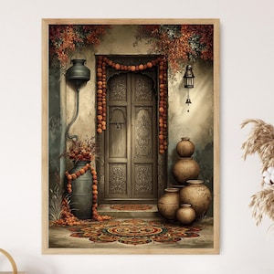 May include: Framed artwork depicting an ornate wooden door adorned with garlands and lanterns. A large vase overflows with flowers, and several earthen pots are arranged nearby. The artwork features warm tones and intricate details, evoking a sense of cultural richness.