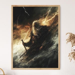 May include: A digital painting of a bearded man with long white hair, holding a staff, standing in a stormy sea with lightning strikes in the background.