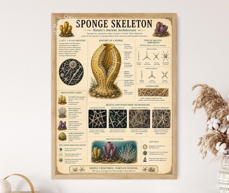 Sponge Case Text Sponge Skeleton Microscopic Anatomy Poster, Marine Biology Chart, Ocean ...