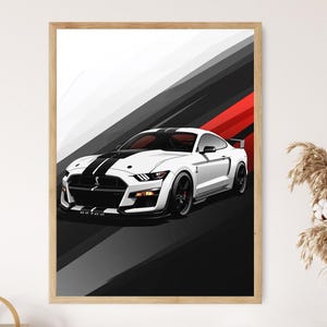 Ford Mustang GT500 Poster, Muscle Car Art Print for Garage, White Mustang
