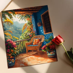 May include: A vibrant painting depicts a tropical balcony scene. A wicker chair with a patterned pillow sits on a terracotta-tiled floor. Lush greenery, colorful flowers, and a mountain view create a serene atmosphere. A red rose adds a touch of elegance.