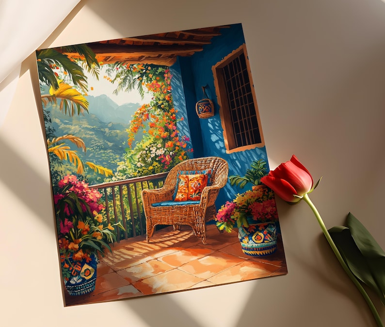 May include: A vibrant painting depicts a tropical balcony scene. A wicker chair with a patterned pillow sits on a terracotta-tiled floor. Lush greenery, colorful flowers, and a mountain view create a serene atmosphere. A red rose adds a touch of elegance.