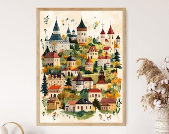 Illustrazione di un villaggio moldavo: stampa artistica di architettura dell'Europa orientale