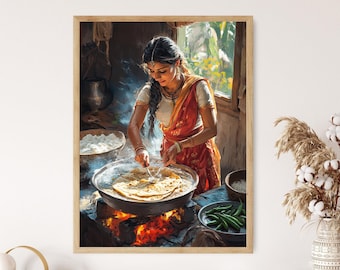 Aloo Paratha Cooking Art Print, Rustic Indian Restaurant Decor