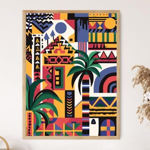 May include: A framed art print featuring a vibrant, geometric design. The artwork showcases a colorful composition of shapes, including triangles, circles, and rectangles, in shades of yellow, red, blue, and green. Palm trees and architectural elements are also depicted.