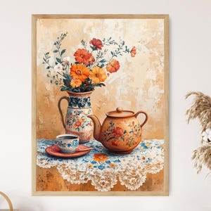 May include: A still life painting of a floral arrangement in a blue and white ceramic vase, a brown teapot with floral designs, and a white teacup with a saucer on a white lace tablecloth.