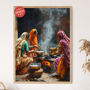 Traditional Punjabi Kitchen Art Print, Women Cooking, Brass Utensils
