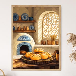 Egyptische rustieke keukenkunstprint, traditionele kleioven, interieurdecoratie uit het Midden-Oosten