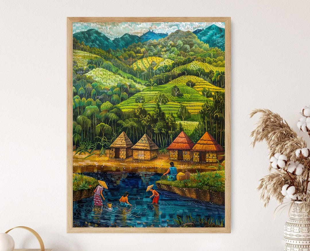 Filipino Village Art Print: Philippine Culture, Daily Life Scene