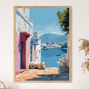 Póster de la calle Pushkar, Rajastán, con vistas al lago, ciudad sagrada de la India, pintura del desierto, impresión vectorial plana