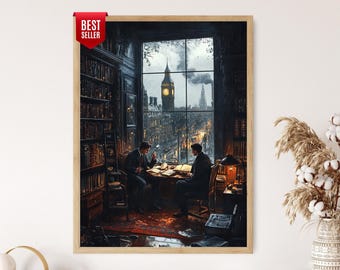 Stampa artistica di Sherlock Holmes e del Dr. Watson, poster classico con decorazioni misteriose