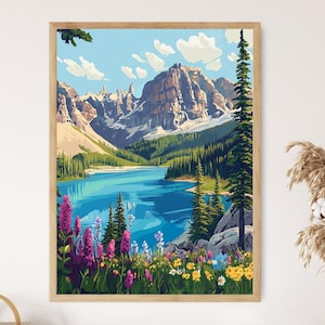Lámina artística del Parque Nacional Banff, Montañas Rocosas y lagos turquesa, paisaje natural canadiense, decoración de pared, regalo de aventura al aire libre