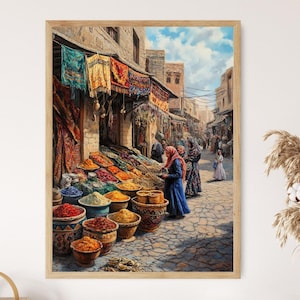 May include: A painting depicting a lively marketplace in the Middle East. The scene is full of vibrant spices, fabrics, and people. The painting is framed in a wooden frame.
