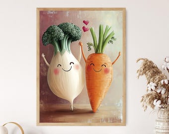 May include: A framed print featuring a whimsical illustration of a broccoli and a carrot, both with smiling faces and raised arms. The broccoli is white with green florets, and the carrot is orange with green tops. Two pink hearts float above them.