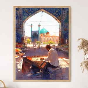 Isfahan Santur Bazaar-musiker, persisk torgmålning, dulcimerkonst