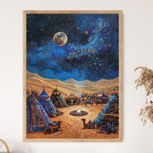 May include: A painting of a desert scene at night with a full moon and stars. There are several tents in the foreground, and a campfire in the center. The tents are blue and white with intricate patterns. There are camels in the background.