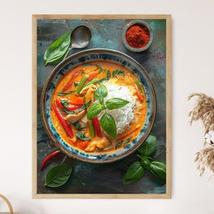 Thai Red Curry Art, Spicy Thai Restaurant Decor, Food Painting, Kitchen Wall Art, Vibrant Culinary Artwork, Thai Cuisine Wall Decor