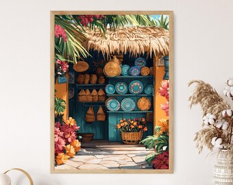 Dominican Larimar y Cerámica Art Print, Souvenir Shop Poster, Tropical Craft Illustration