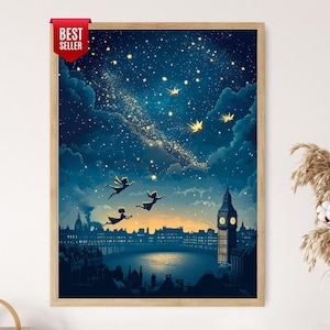 May include: A framed wall art print featuring a night sky filled with glowing stars and a swirling nebula above a dark city silhouette. Three figures are depicted flying through the air toward a clock tower near a river under a twilight horizon.