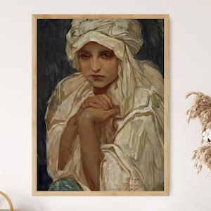 Alphonse Mucha Portrait Print of a Girl, Art Nouveau Wall Decor, Vintage Style Illustration, Feminine Home Decoration, Gift for Art Lovers