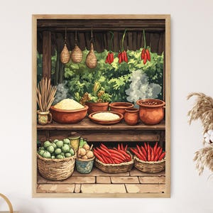 May include: A framed watercolor print of a rustic market stall. Baskets and bowls display produce like green fruits, red peppers, and grains. Hanging above are dried goods and red chili peppers. The background features lush green foliage.