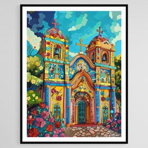 Iglesia El Rosario Church Painting, El Salvadorian Architectural Art Print, Colorful Stained Glass Windows