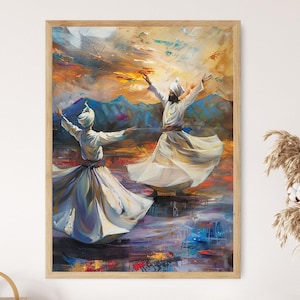 Sufi Whirling Dervishes Painting, Mystical Dance Art Print, Spiritual Motion Poster, Traditional Sufi Ceremony Wall Decor, Turkish Heritage