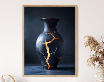 Kintsugi Japanese Vase Art Print, Japanese Ceramic with Gold Repair, Elegant Zen Decor