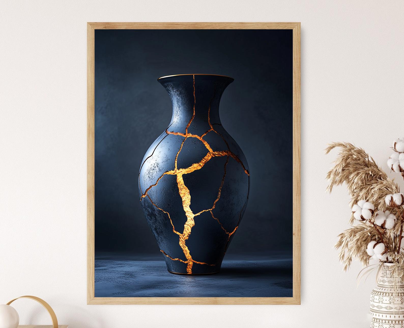 Kintsugi Japanese Vase Painting, Ceramic with Gold Repair, Wabi-Sabi Decor, Zen-Inspired Wall Art, Japanese Culture, Elegant Gold Accented