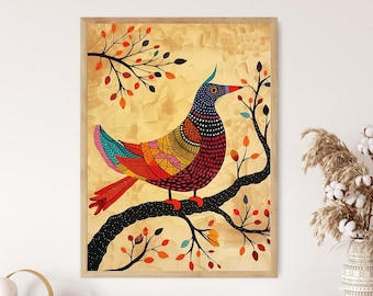May include: A framed art print featuring a colorful bird perched on a branch. The bird has a blue head, red beak, and a body with a mix of red, yellow, and orange patterns. The background is a textured, light brown color.