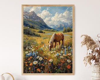Stampa di cavalli islandesi: prato rigoglioso, fiori selvatici, arte paesaggistica nordica