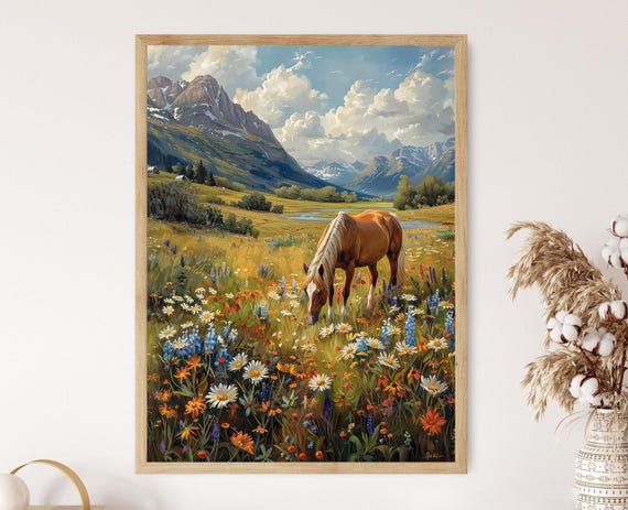 Icelandic Horse Print: Lush Meadow, Wildflower Nordic Landscape Art