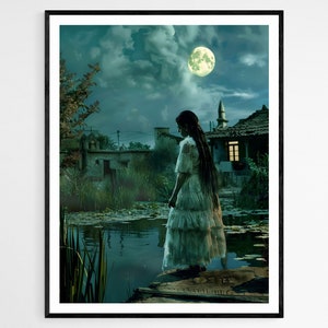 Ilustración mística de La Llorona - Impresión de arte popular etéreo, decoración del hogar espeluznante, regalo gótico único