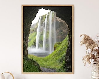 Seljalandsfoss Iceland Art Print, Cascading Waterfall, Lush Greenery