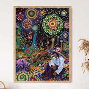 Huichol Mythology Art Print, Vibrant Wall Statement Piece, Folk Art Collector&#39;s Gift