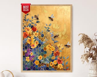 Panal dorado con abejas, pintura geométrica de la naturaleza