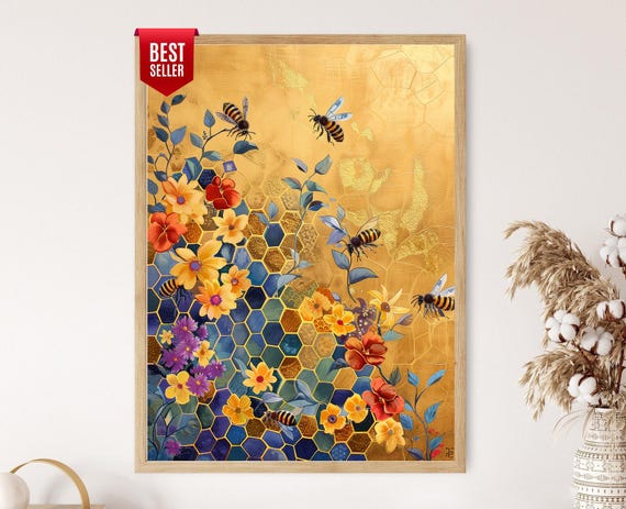 黄金のハニカムとミツバチのアート、自然の幾何学絵画 - Etsy 日本