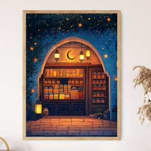 Ramadan Gewürz Shop Poster, Halbmond Festival Kunstdruck, flache Vektor kulturelle Shopfront Szene