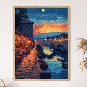 Stone Bridge in Skopje, Macedonian Night Scene Art, Cultural Market Print