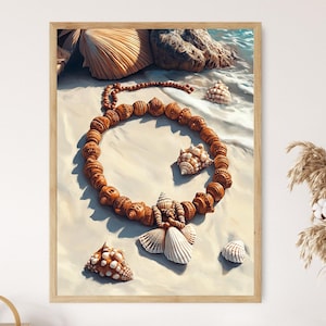 May include: A brown wooden bead necklace with a seashell pendant, surrounded by seashells on a white sandy beach background.