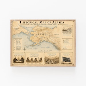 May include: A framed historical map of Alaska featuring a central topographical map, a compass rose, and text boxes detailing the timeline, native peoples, the Klondike Gold Rush, and statehood. The map includes illustrations of a ship and the flag.