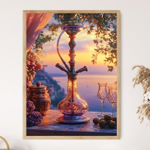 May include: A framed print featuring a decorative hookah with a glass base and ornate metal accents. The image includes grapes, a jar, and wine glasses, set against a sunset backdrop. The artwork evokes a relaxed, Mediterranean vibe.